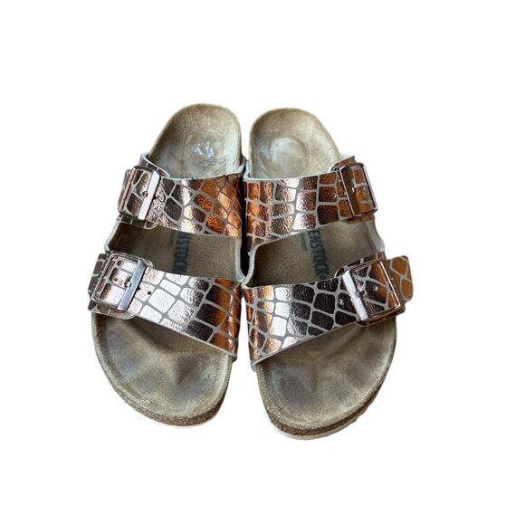 Birkenstock Arizona Gator Gleam Copper Leather Soft Footbed Sandals - M7 / W9 - Picture 3 of 10